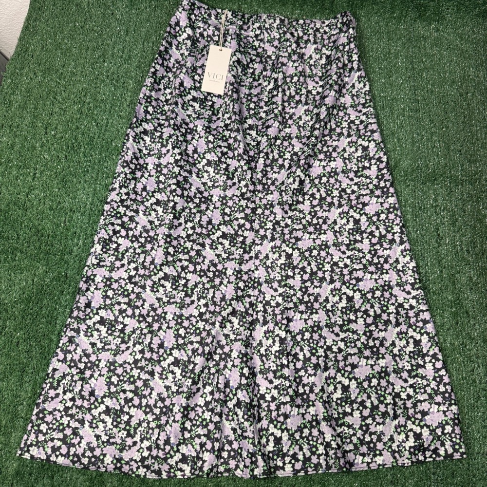 VICI Exclusive Floral Print‎ Midi Skirt Black Lavender Green Women's Large